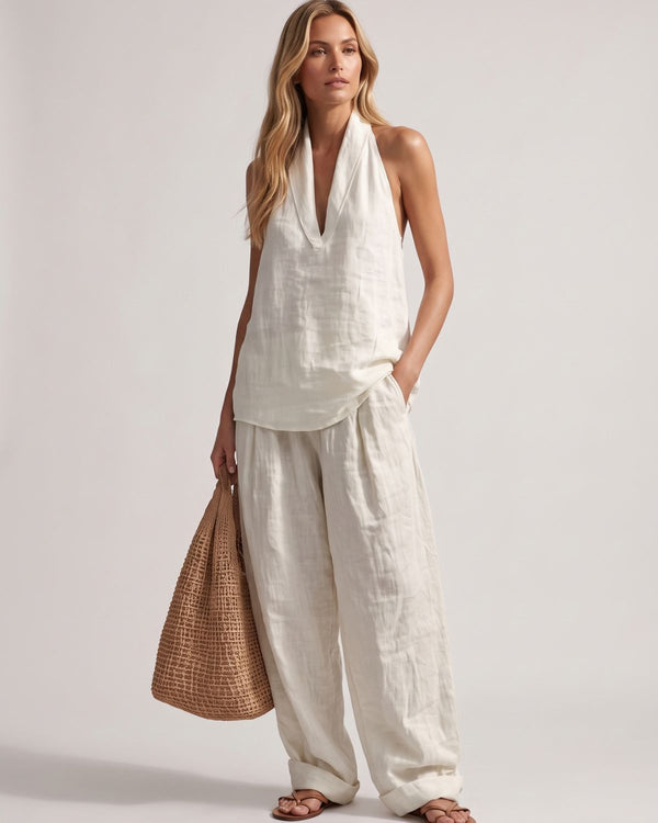 Halter V-Neck Top & Wide-Leg Trousers Set
