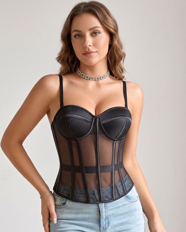 Top Corsetto Bustier Steccato in Rete Trasparente Vintage Francese