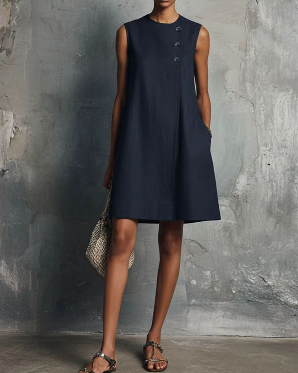 Linen Round Neck Buttons Mini Dress