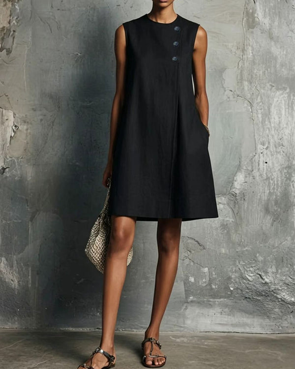 Linen Round Neck Buttons Mini Dress