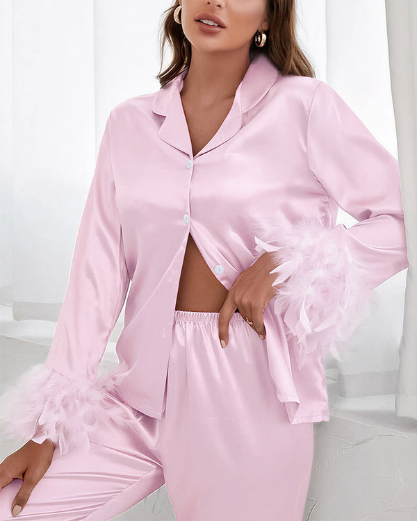 Feather-Trim Ice Silk Pajama Set
