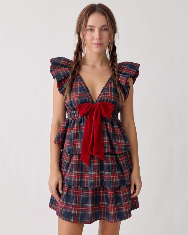 Red Plaid Bow-Front Ruffle Mini Dress