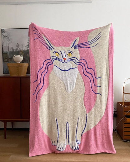 Thick Pink Cat Print Art Fleece Blanket - Cozy Throw for Sofa & Bed