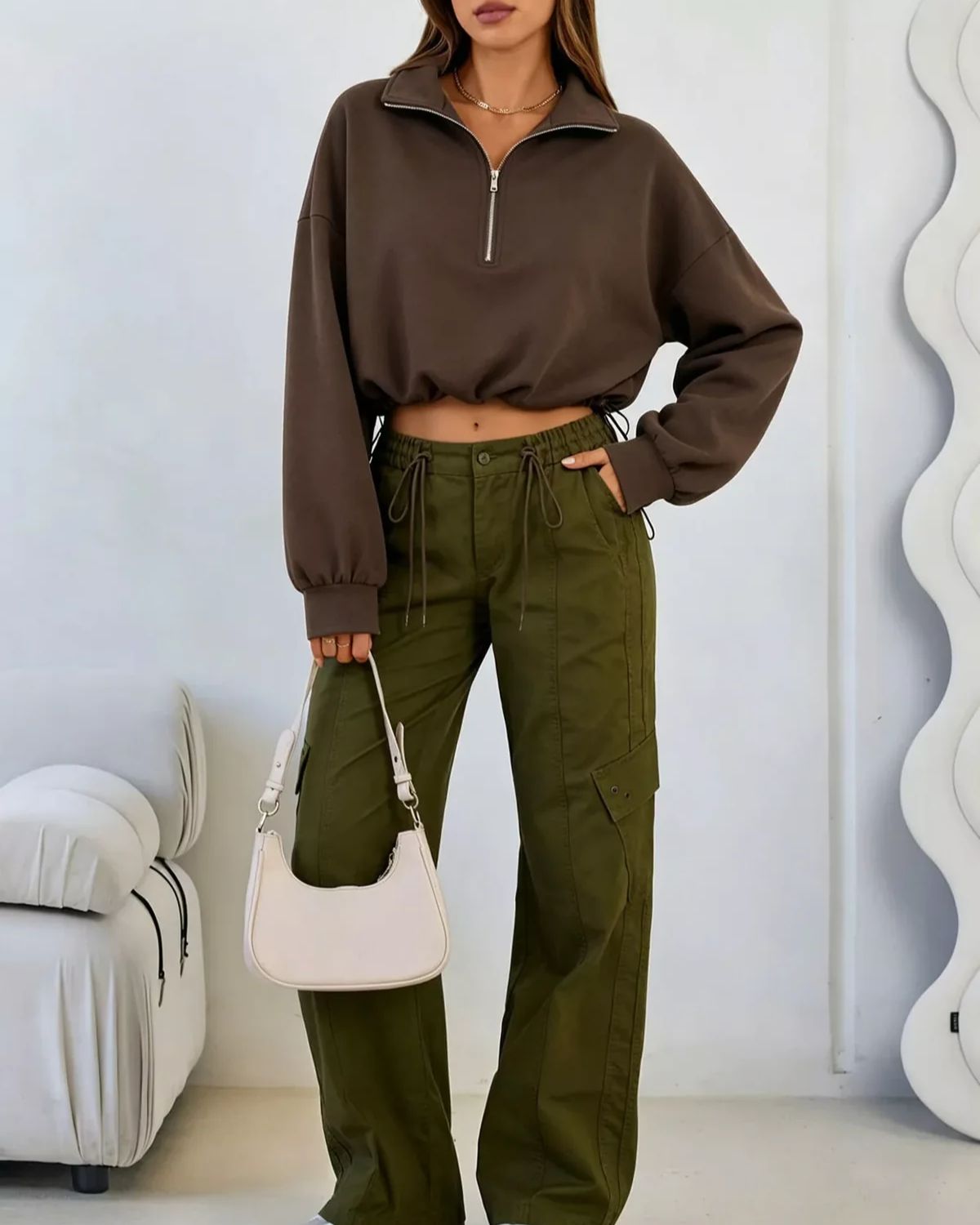 Half-Zip Collared Knit Crop Top