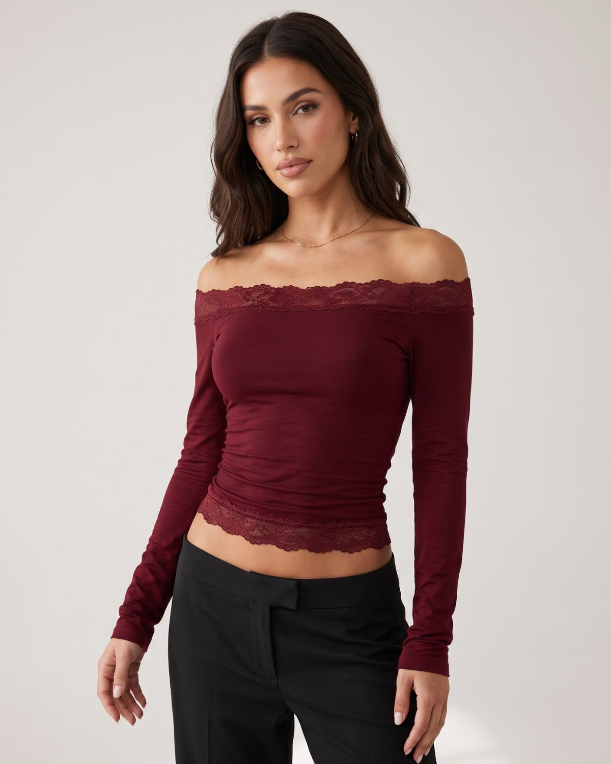 Lace-Trim Long Sleeve Casual Top