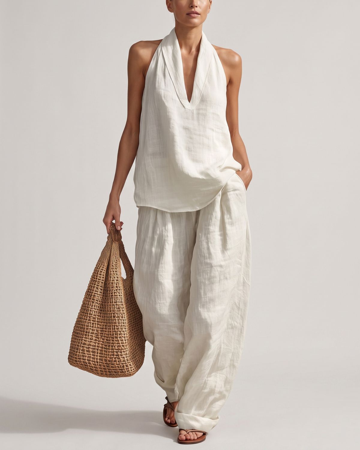 Halter V-Neck Top & Wide-Leg Trousers Set