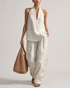 Halter V-Neck Top & Wide-Leg Trousers Set