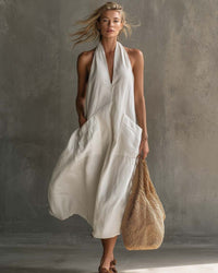 Vintage Vacation V-Neck Halter Linen Midi Dress with Pockets