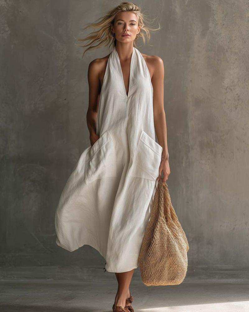 Vintage Vacation V-Neck Halter Linen Midi Dress with Pockets