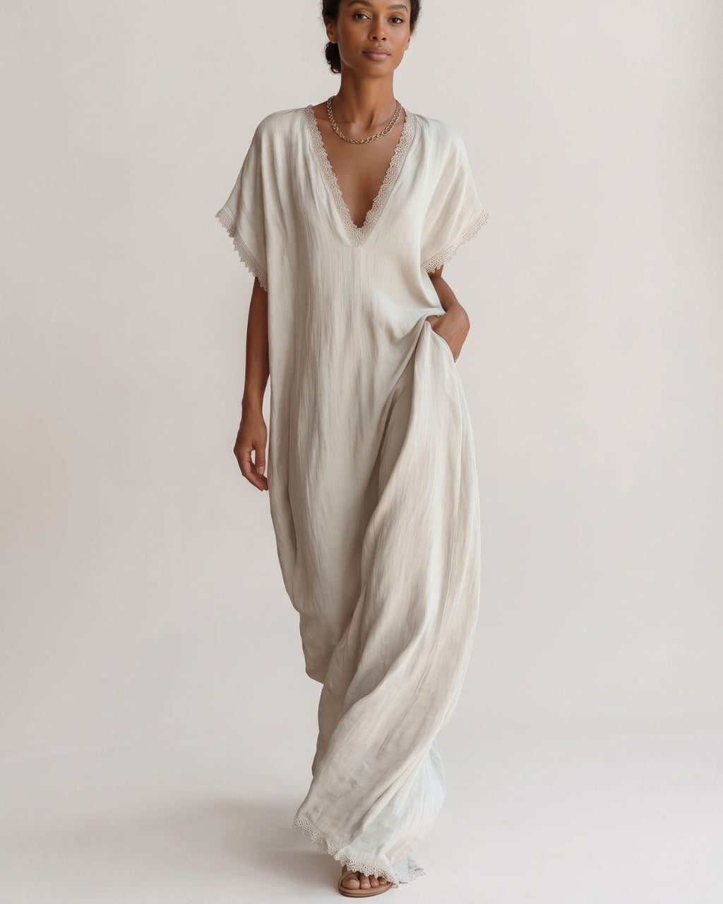 Lace-Trim Linen Cotton Maxi Dress