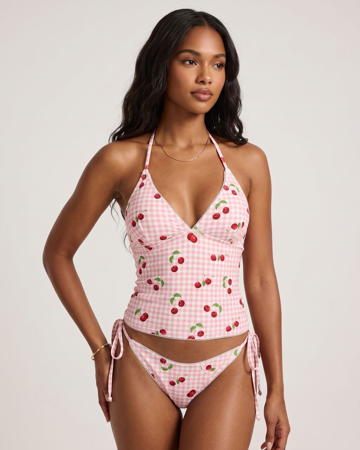 Sweet Cherry Grid Print Cute 2 Piece Bikini Set