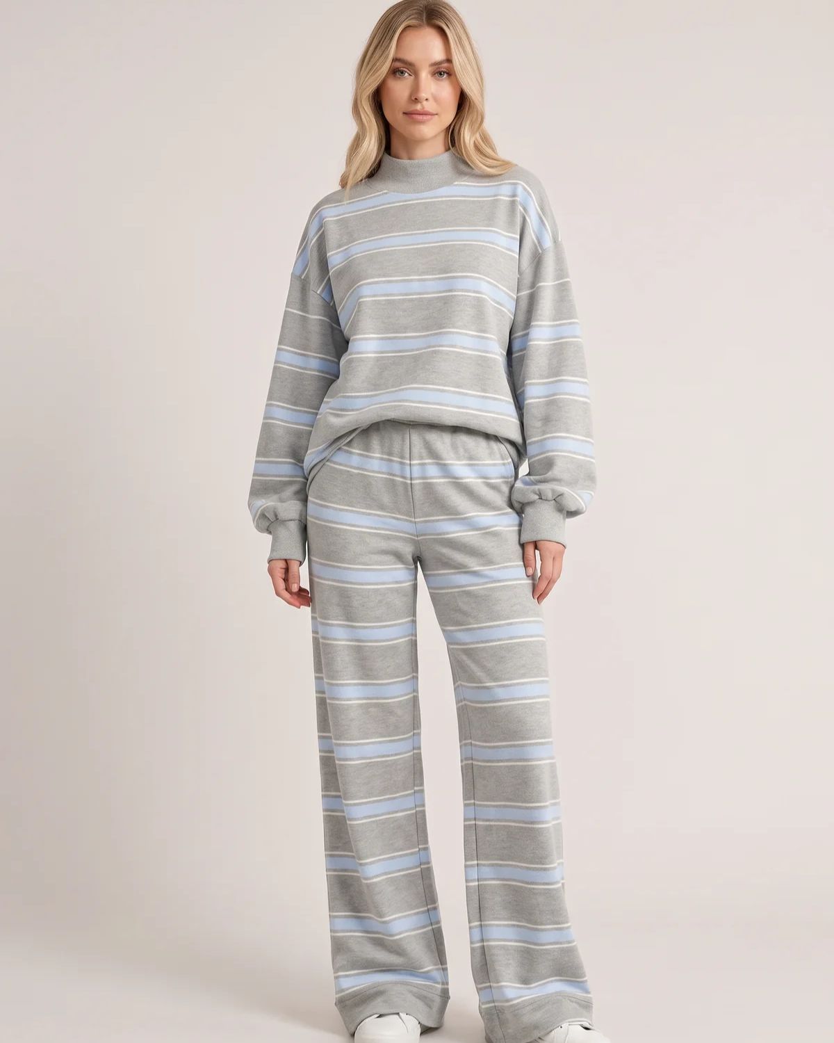 Striped Mock-Neck Wide-Leg Lounge Set