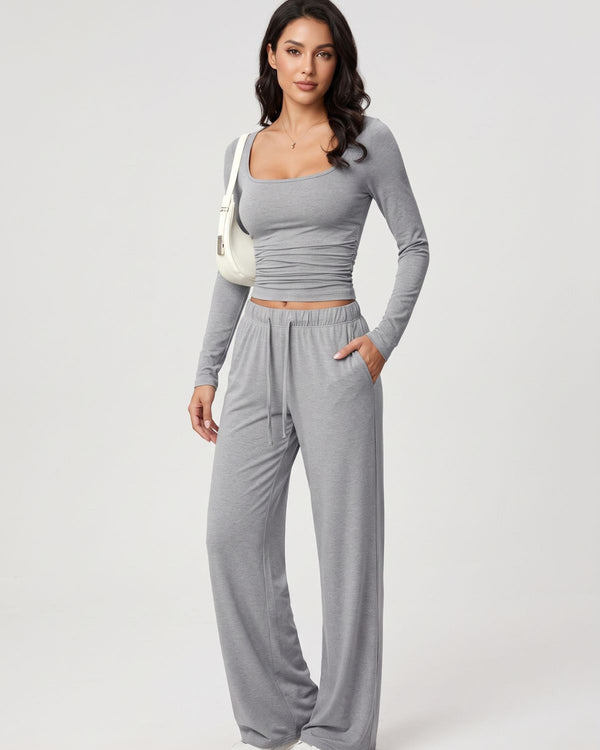 Square Neck Crop Top & Wide Leg Pants Set
