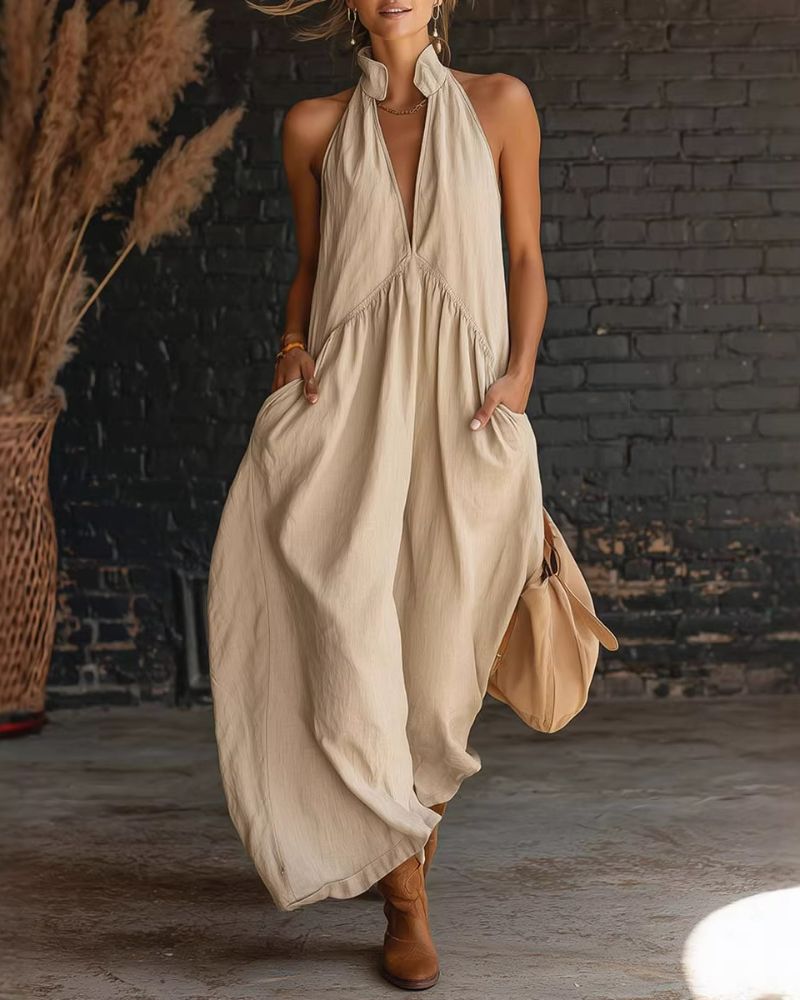 Sleeveless Plunge Stand Collar Maxi Dress with Pockets