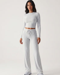 Solid Long Sleeve Crop Top & Drawstring Pants Set