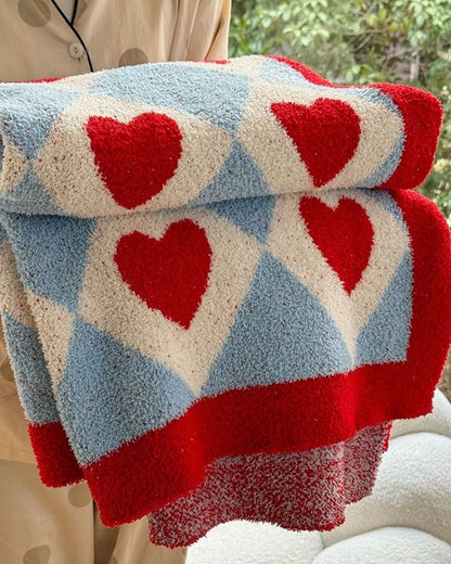 Color Block Heart Plush Blanket - Cute Designer Half-Side Fleece Throw