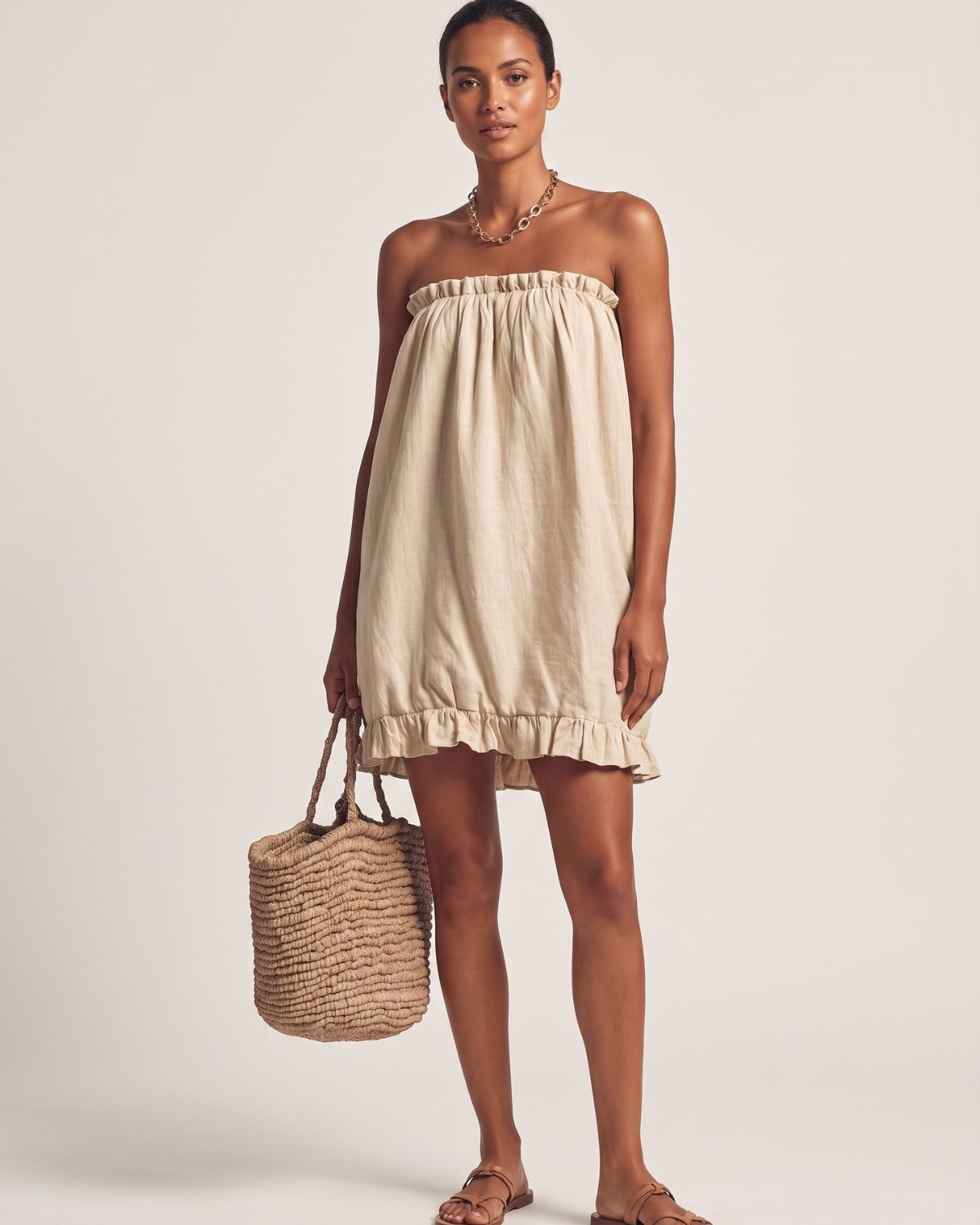 Strapless Ruched Cotton Mini Dress