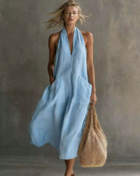 Vintage Vacation V-Neck Halter Linen Midi Dress with Pockets