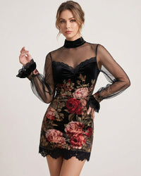 Lace-Trim Printed Mesh Mini Dress