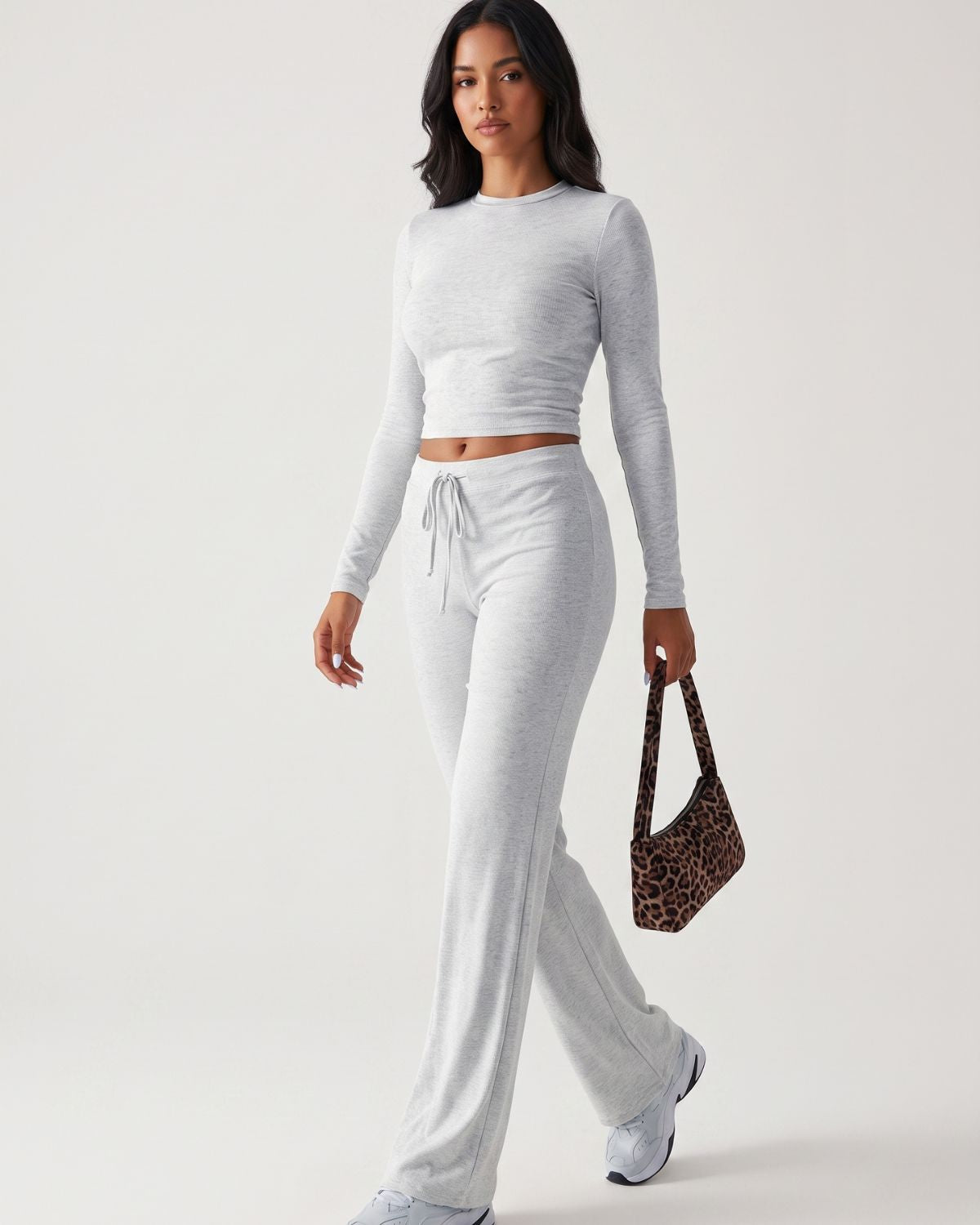 Solid Long Sleeve Crop Top & Drawstring Pants Set