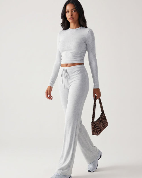 Solid Long Sleeve Crop Top & Drawstring Pants Set