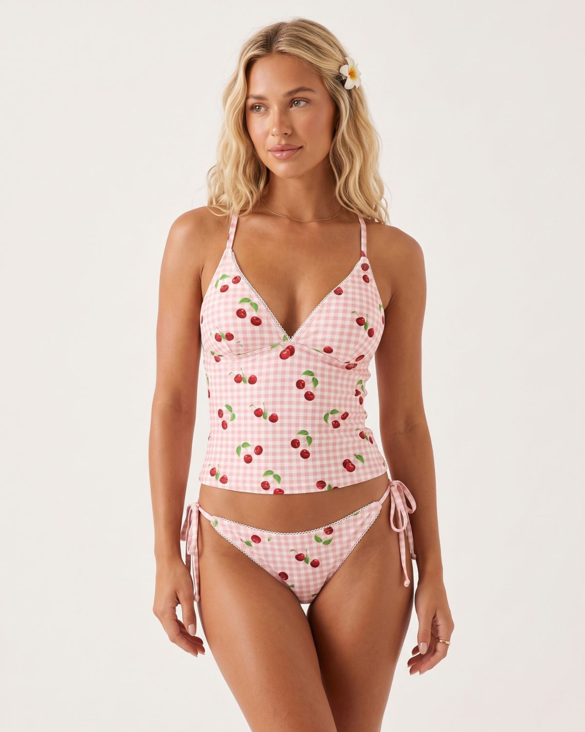 Sweet Cherry Grid Print Cute 2 Piece Bikini Set