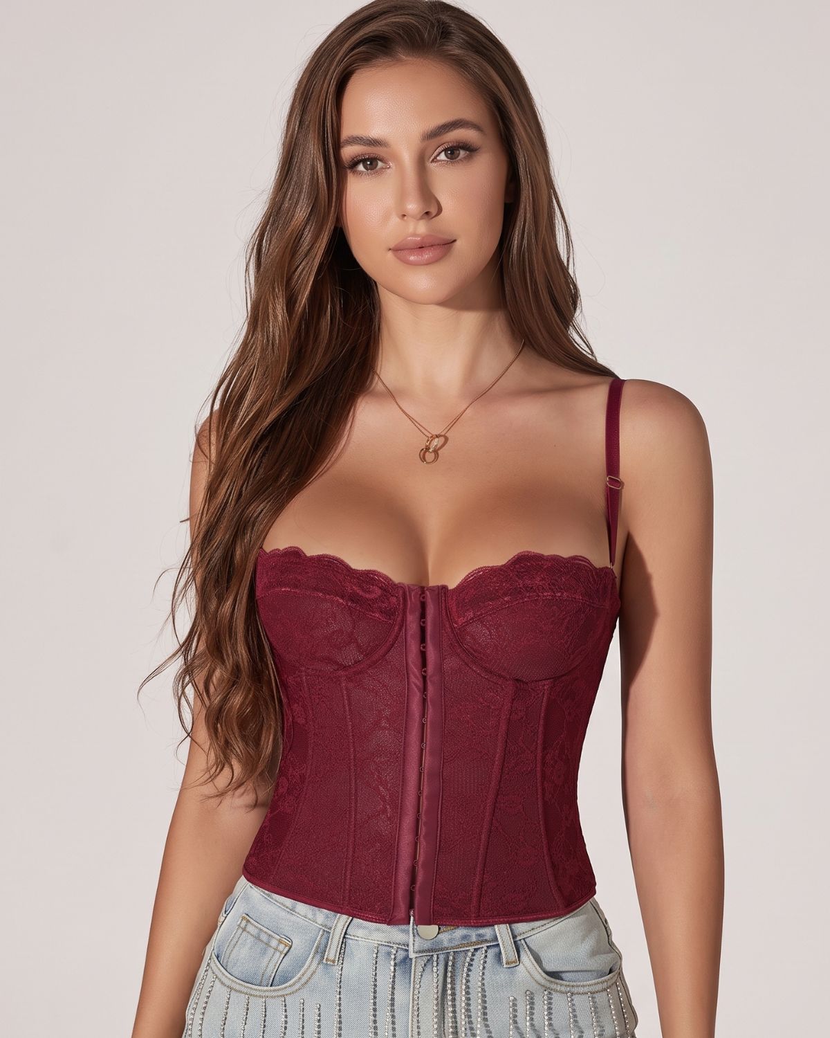 Front Button Lace-Up Corset Bustier Top