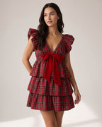 Red Plaid Bow-Front Ruffle Mini Dress
