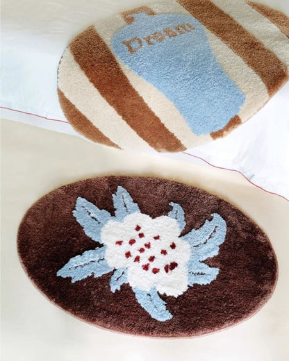 Vintage Tufted Area Rug - Non-Slip Thick Oval Carpet for Living Room & Bedroom