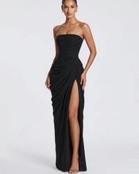 Strapless Ruched High Slit Corset Maxi Dress
