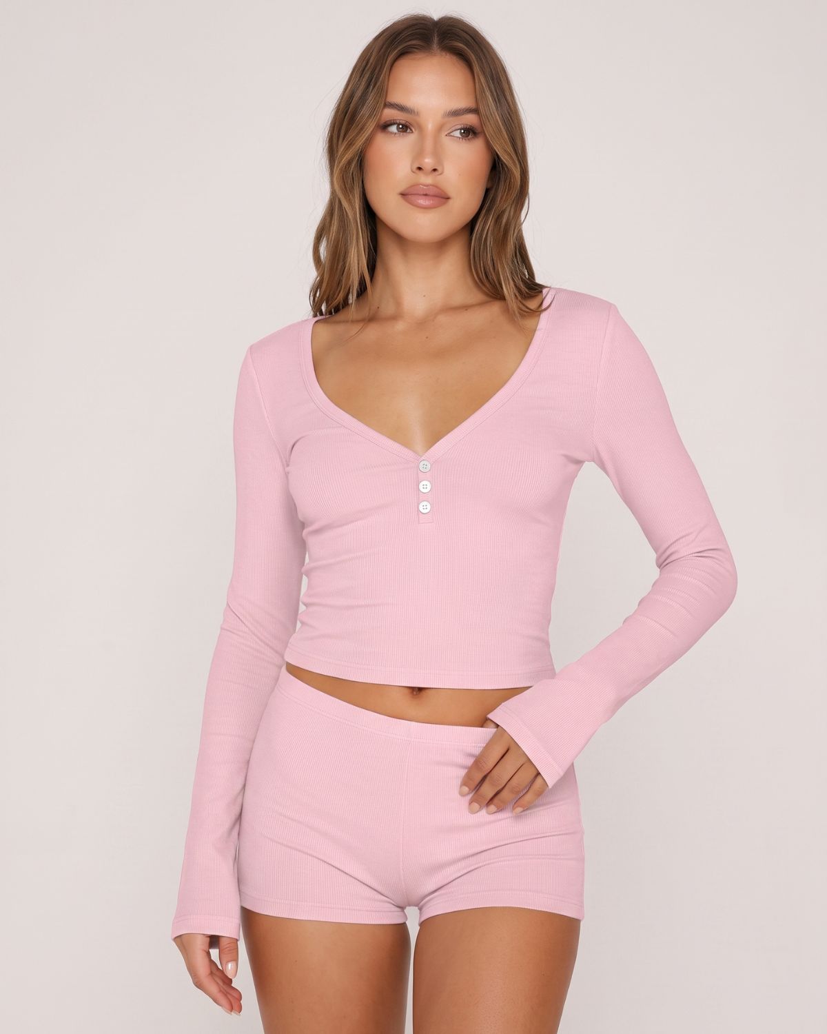 Button Front Crop Top & Shorts Set