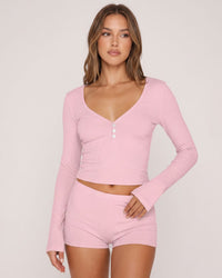 Button Front Crop Top & Shorts Set