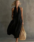 Vintage Vacation V-Neck Halter Linen Midi Dress with Pockets
