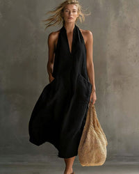 Vintage Vacation V-Neck Halter Linen Midi Dress with Pockets
