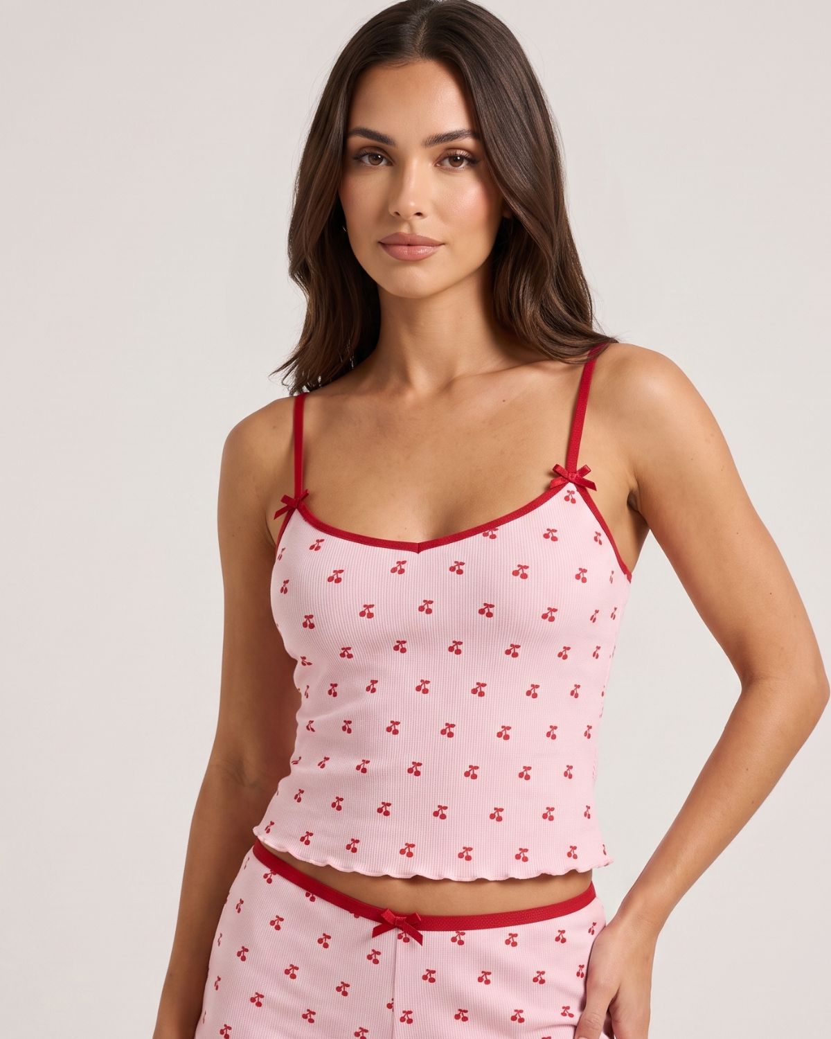 Cherry Print Contrast Binding Pajama Set