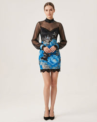 Lace-Trim Printed Mesh Mini Dress