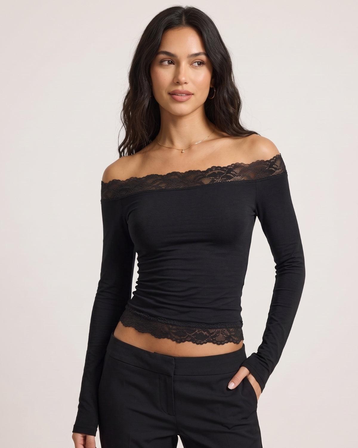 Lace-Trim Long Sleeve Casual Top