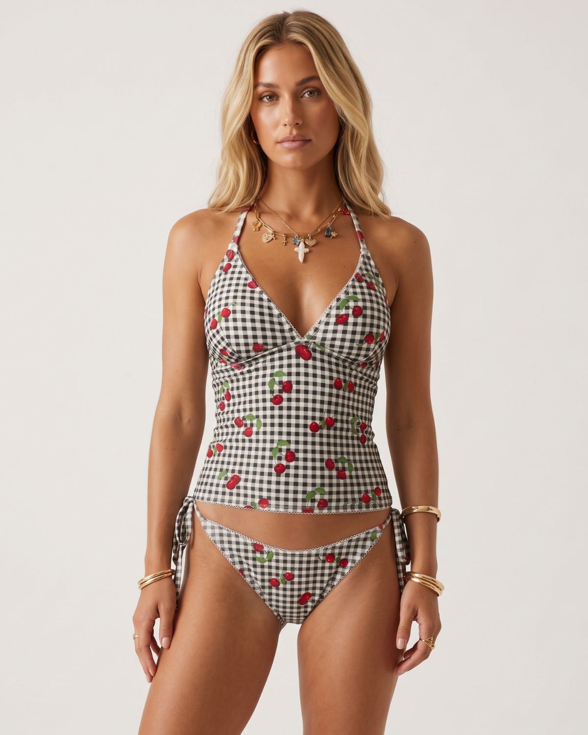 Sweet Cherry Grid Print Cute 2 Piece Bikini Set