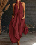 Sleeveless Plunge Stand Collar Maxi Dress with Pockets