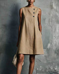 Linen Round Neck Buttons Mini Dress