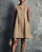 Linen Round Neck Buttons Mini Dress