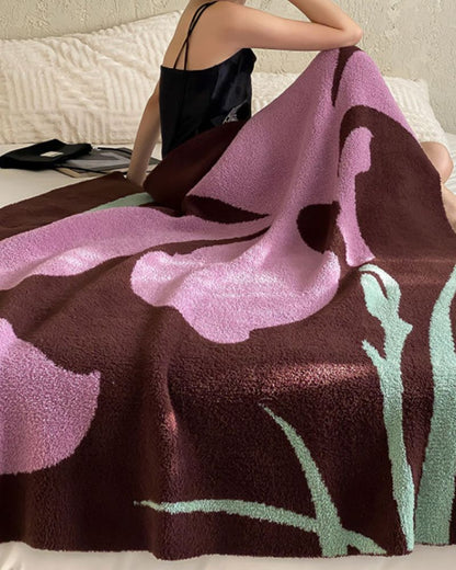 Thick Plant Print Fleece Blanket - Decorative Throw for Living Room & Naps