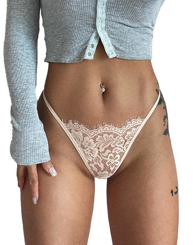 Tanga con lazo floral y tiras de encaje de pestañas 
