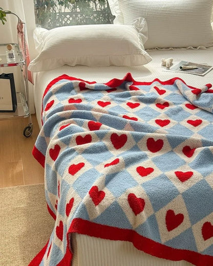 Color Block Heart Plush Blanket - Cute Designer Half-Side Fleece Throw