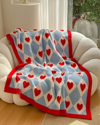 Color Block Heart Plush Blanket - Cute Designer Half-Side Fleece Throw