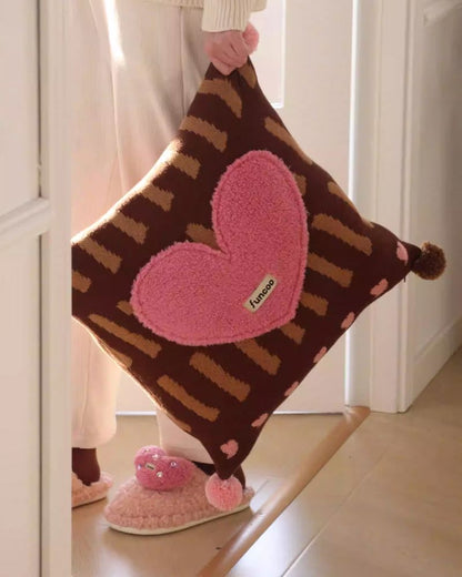 Fluffy 3D Heart Pillow - Plush Decorative Cushion with Pom-Pom Details