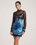 Lace-Trim Printed Mesh Mini Dress