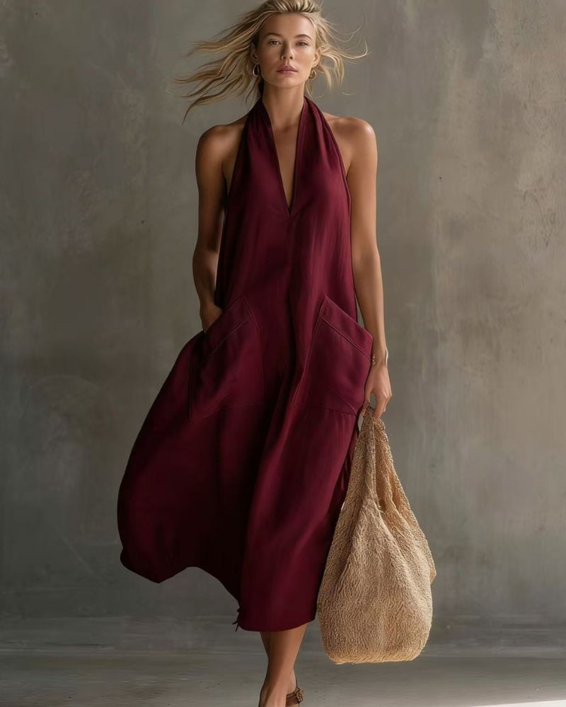 Vintage Vacation V-Neck Halter Linen Midi Dress with Pockets
