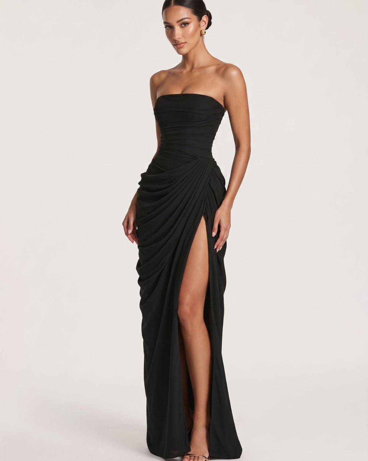 Strapless Ruched High Slit Corset Maxi Dress