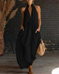 Sleeveless Plunge Stand Collar Maxi Dress with Pockets